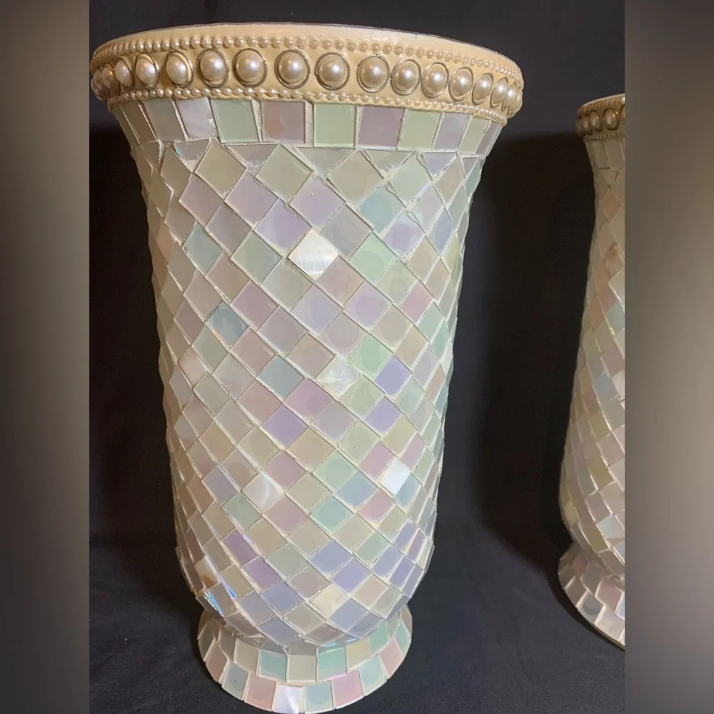 Glass White Mother of Peal Mosaic Hurricane Candle Holder Vase 11" - Picture 3 of 4